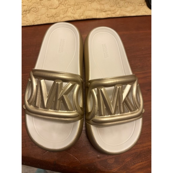 Michael Kors Shoes - Michael Kors MK Gold White Slide Sandals Womens Size 7M EVA Upper Outsole L022L